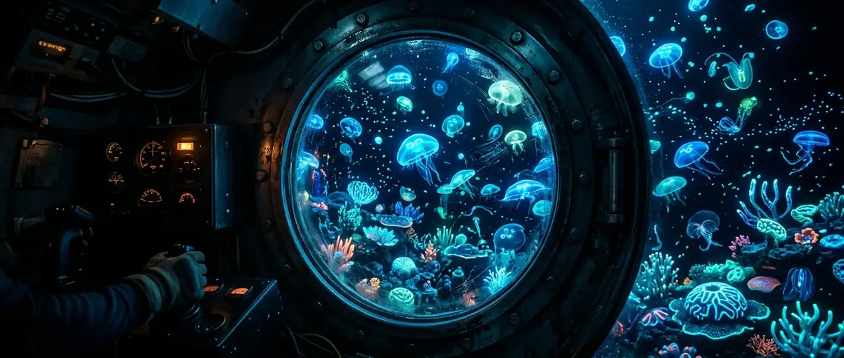 Submarine viewport looking into dark ocean with bioluminescence
